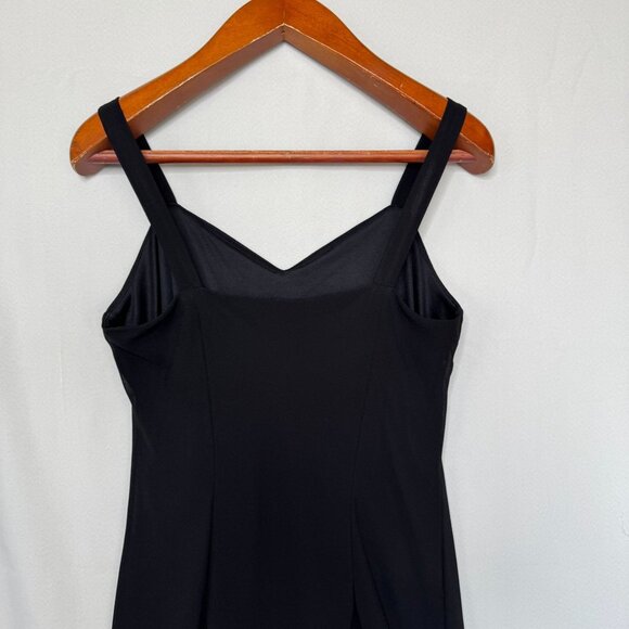 90s Vintage R&M Richards Black Chiffon Beaded Ruffle Slit Cocktail Midi Dress - Picture 8 of 13